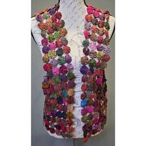 VTG BOHO Colorful Artsy Silk YoYo Open Shirt Rosettes Vest Penny Quilt M/L
